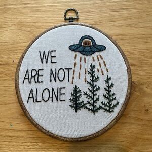 Embroidered UFO “ We Are Not Alone” Wall Art circular 8” decor